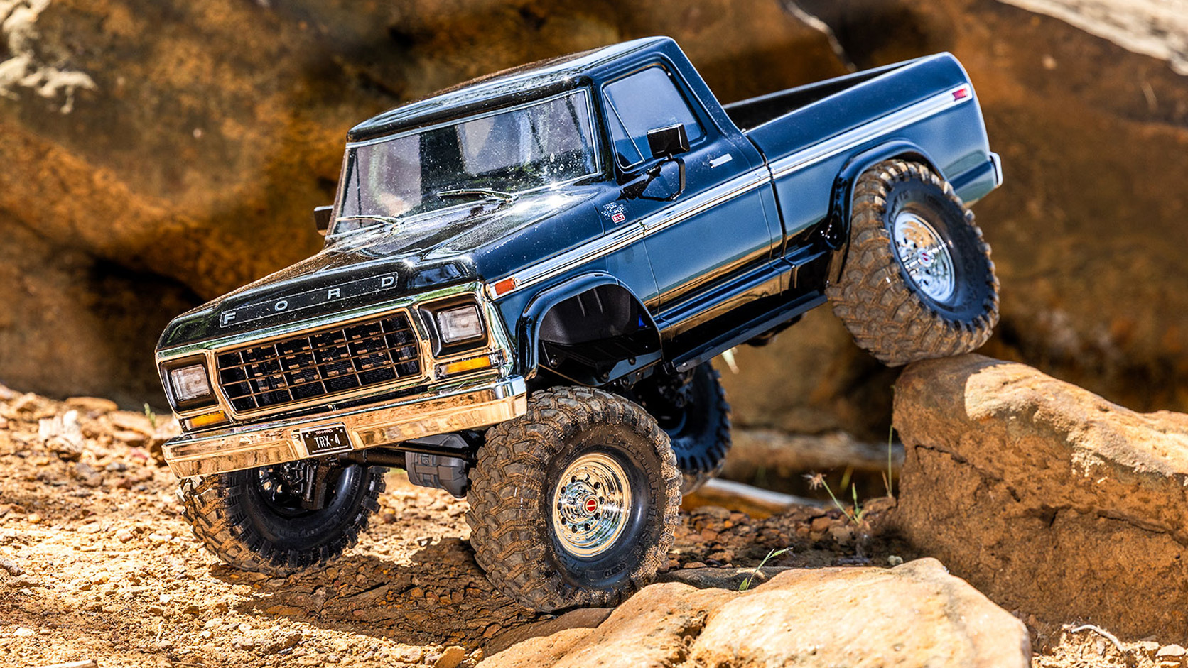 Traxxas TRX-4 Ford F-150 crawling over rocks